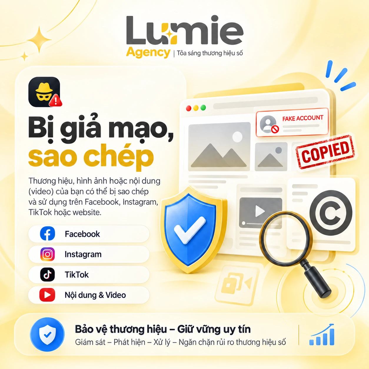 Minh họa giám sát và xử lý tài khoản, nội dung giả mạo trên nền tảng số.