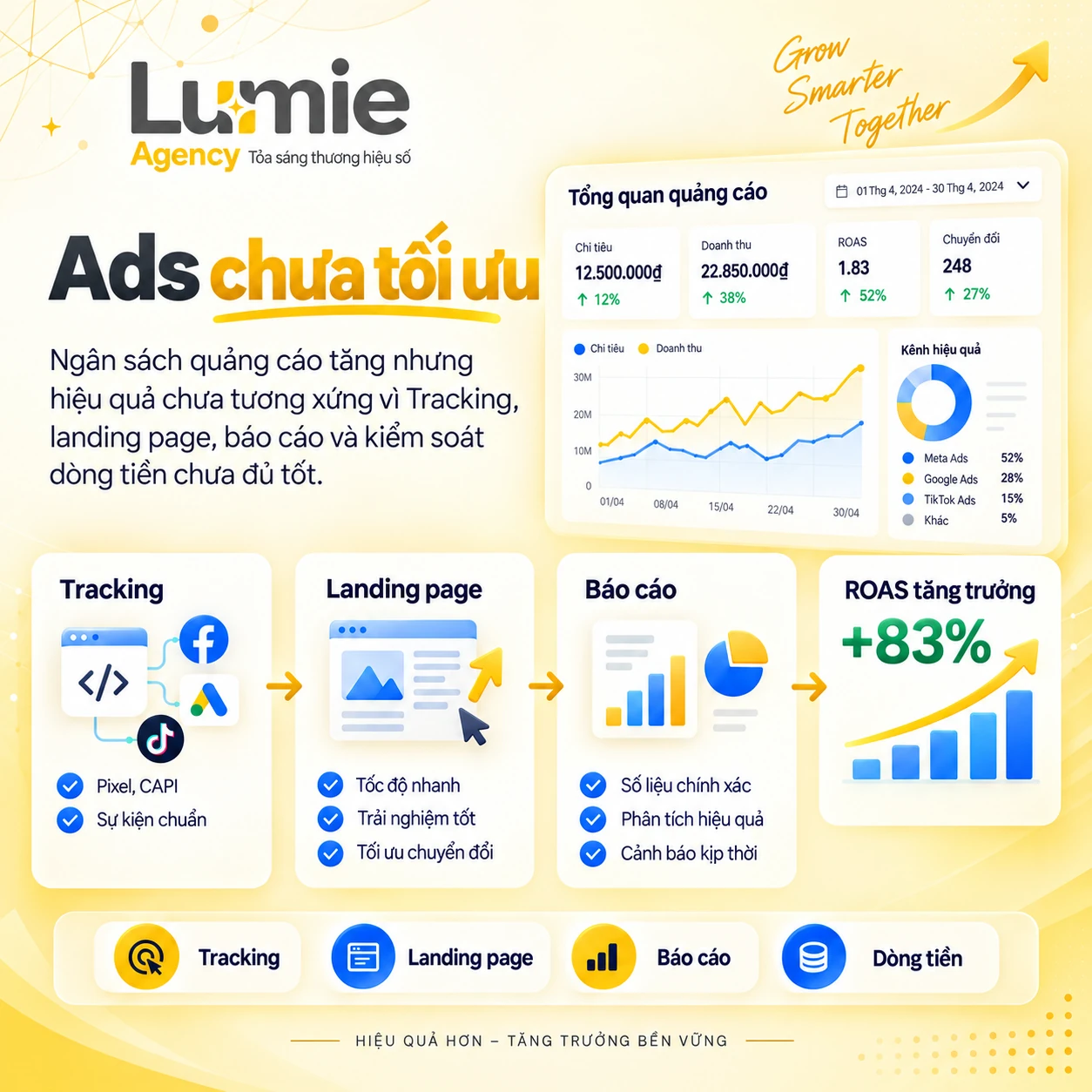Minh họa các hạng mục tối ưu quảng cáo và báo cáo hiệu quả.