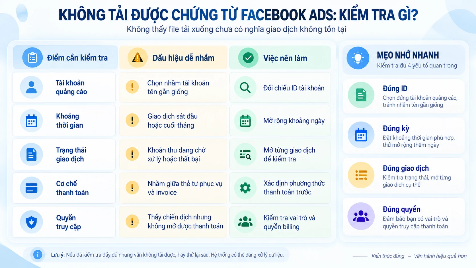 Bảng kiểm tra 5 yếu tố khi không tải được chứng từ hóa đơn Facebook Ads