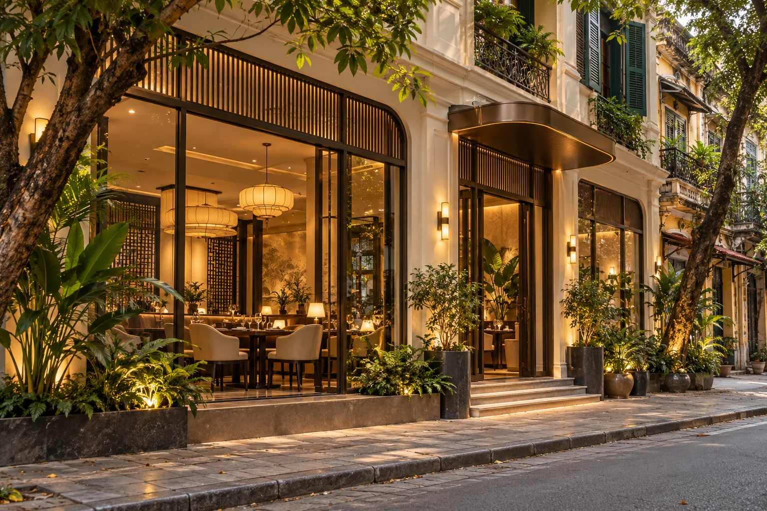 Mặt tiền nhà hàng đô thị minh họa khu vực Hà Nội