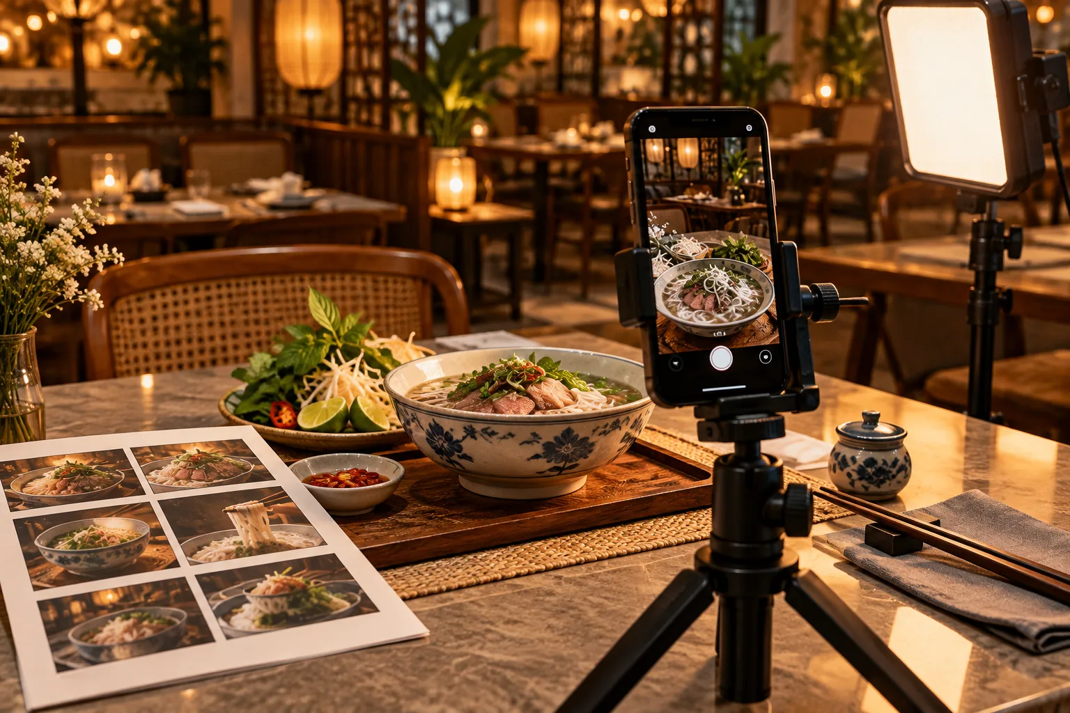 Bối cảnh quay video dọc món ăn tại quán