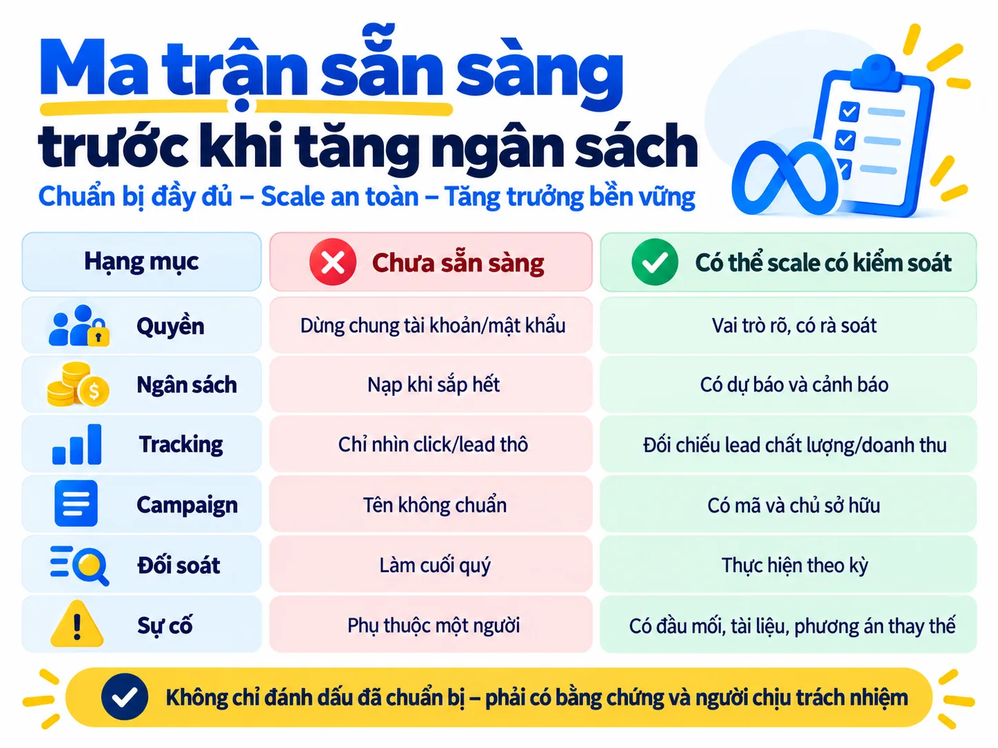 Ma trận so sánh trạng thái chưa sẵn sàng và có thể scale Meta Ads có kiểm soát