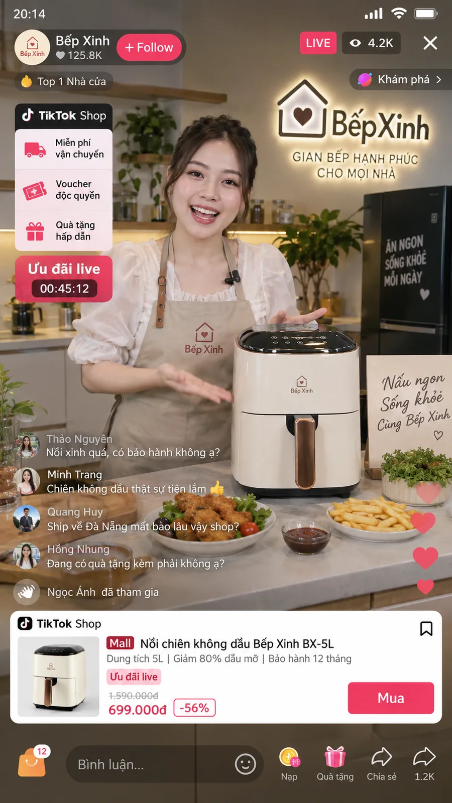 Minh họa quảng cáo TikTok LIVE Shopping với sản phẩm, ưu đãi và nút mua.