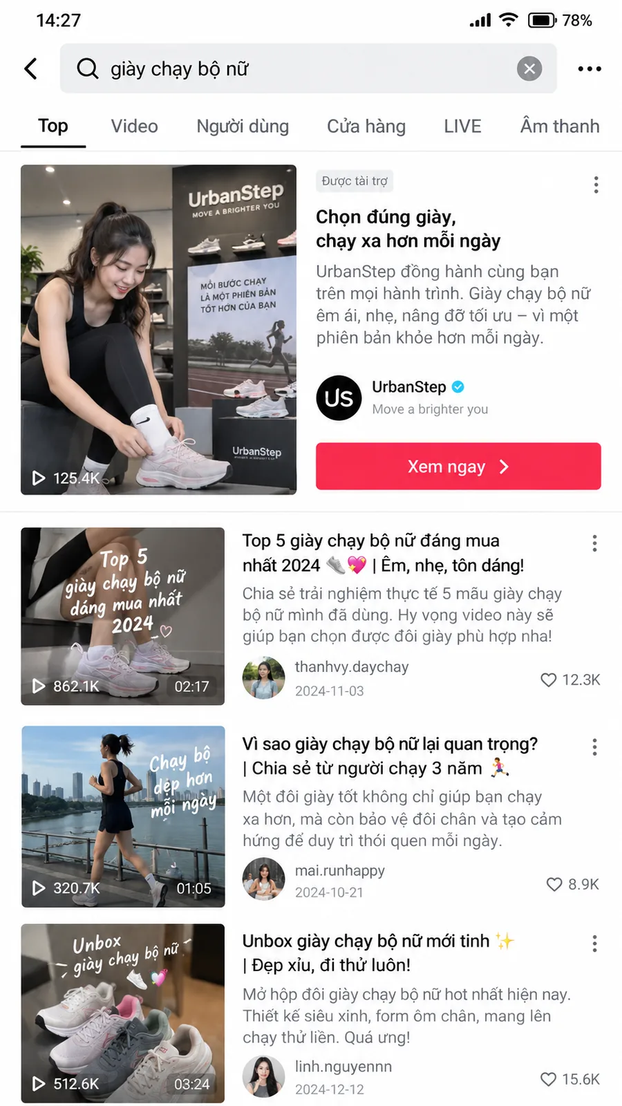 Minh họa TikTok Search Ads xuất hiện trong kết quả tìm kiếm giày chạy bộ nữ.
