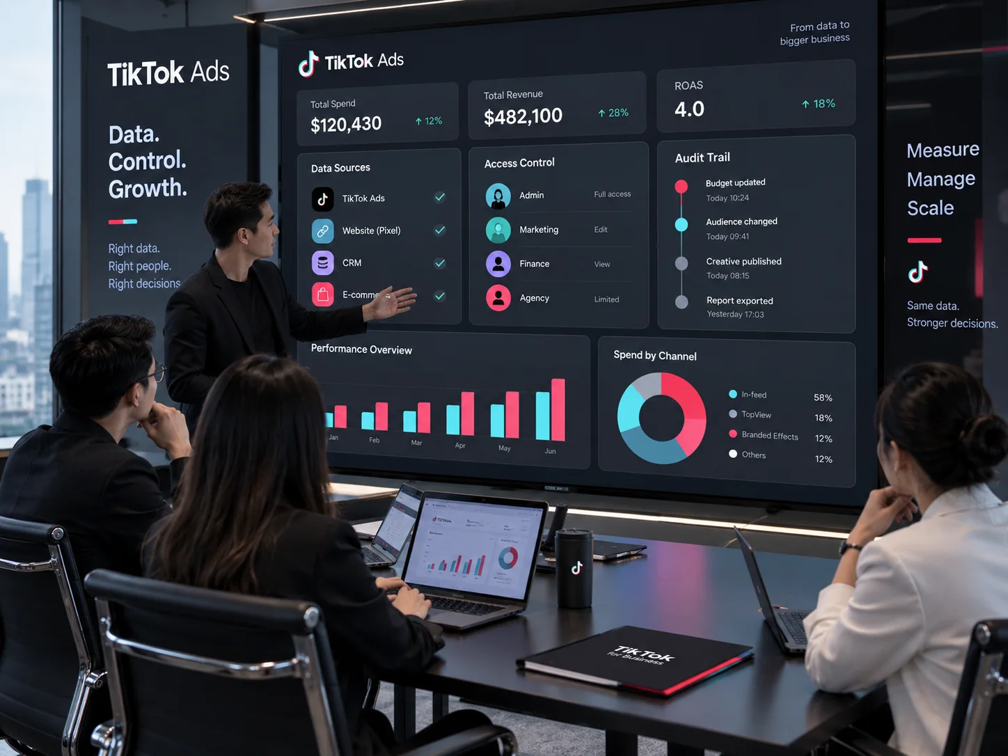 Minh họa dashboard quản trị TikTok Ads, quyền truy cập, audit trail và hiệu suất.