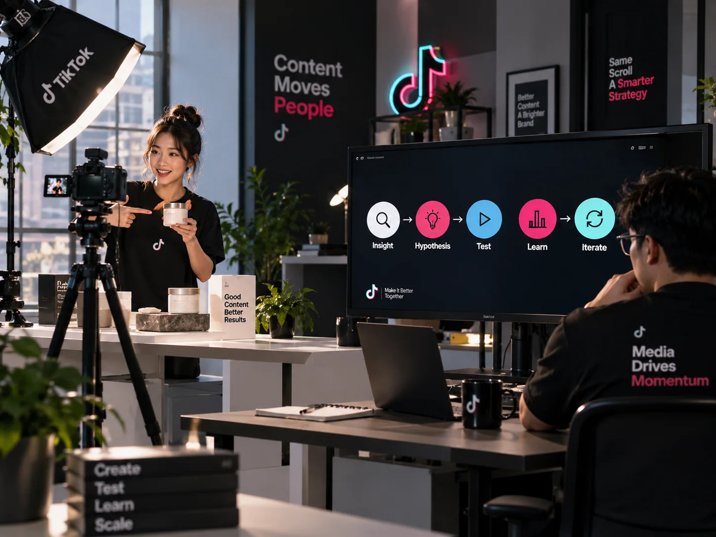 Minh họa vòng lặp insight, giả thuyết, thử nghiệm, học và lặp lại cho creative TikTok.