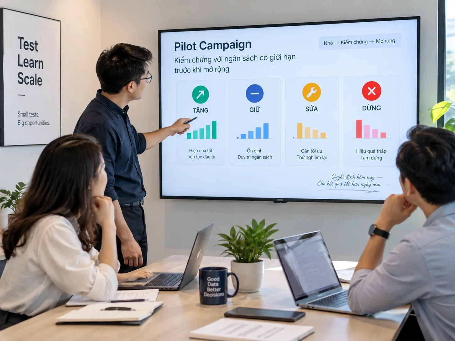 Minh họa giai đoạn pilot TikTok Ads với các quyết định tăng, giữ, sửa hoặc dừng theo dữ liệu.