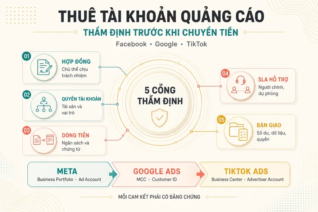 Sơ đồ năm cổng thẩm định nhà cung cấp tài khoản quảng cáo trước khi chuyển tiền