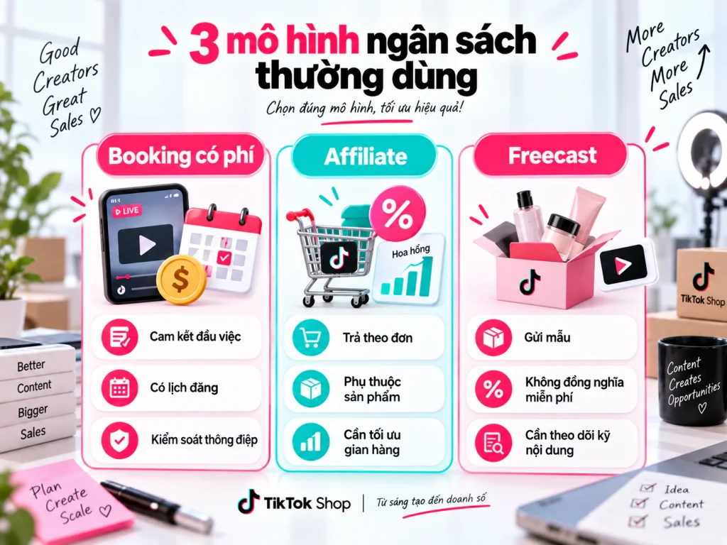 Ba mô hình ngân sách Booking KOC TikTok Shop: trả phí theo đầu việc, Affiliate theo đơn và Freecast gửi mẫu