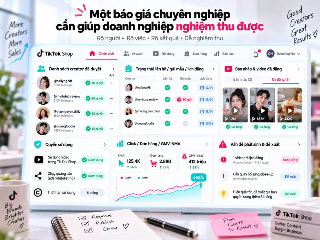 Minh họa theo dõi booking KOC từ danh sách creator và lịch gửi mẫu đến video đã đăng, quyền sử dụng và kết quả chiến dịch