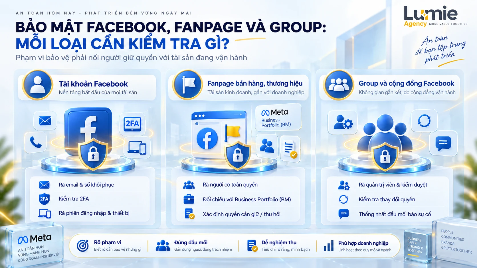 Bảo mật Facebook, Fanpage và Group: mỗi loại tài sản cần kiểm tra gì theo phạm vi vận hành