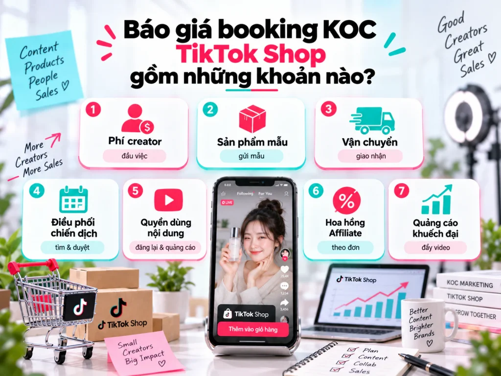 Sơ đồ các khoản Booking KOC TikTok Shop gồm phí creator, sản phẩm mẫu, vận chuyển, điều phối, quyền dùng video, hoa hồng Affiliate và quảng cáo