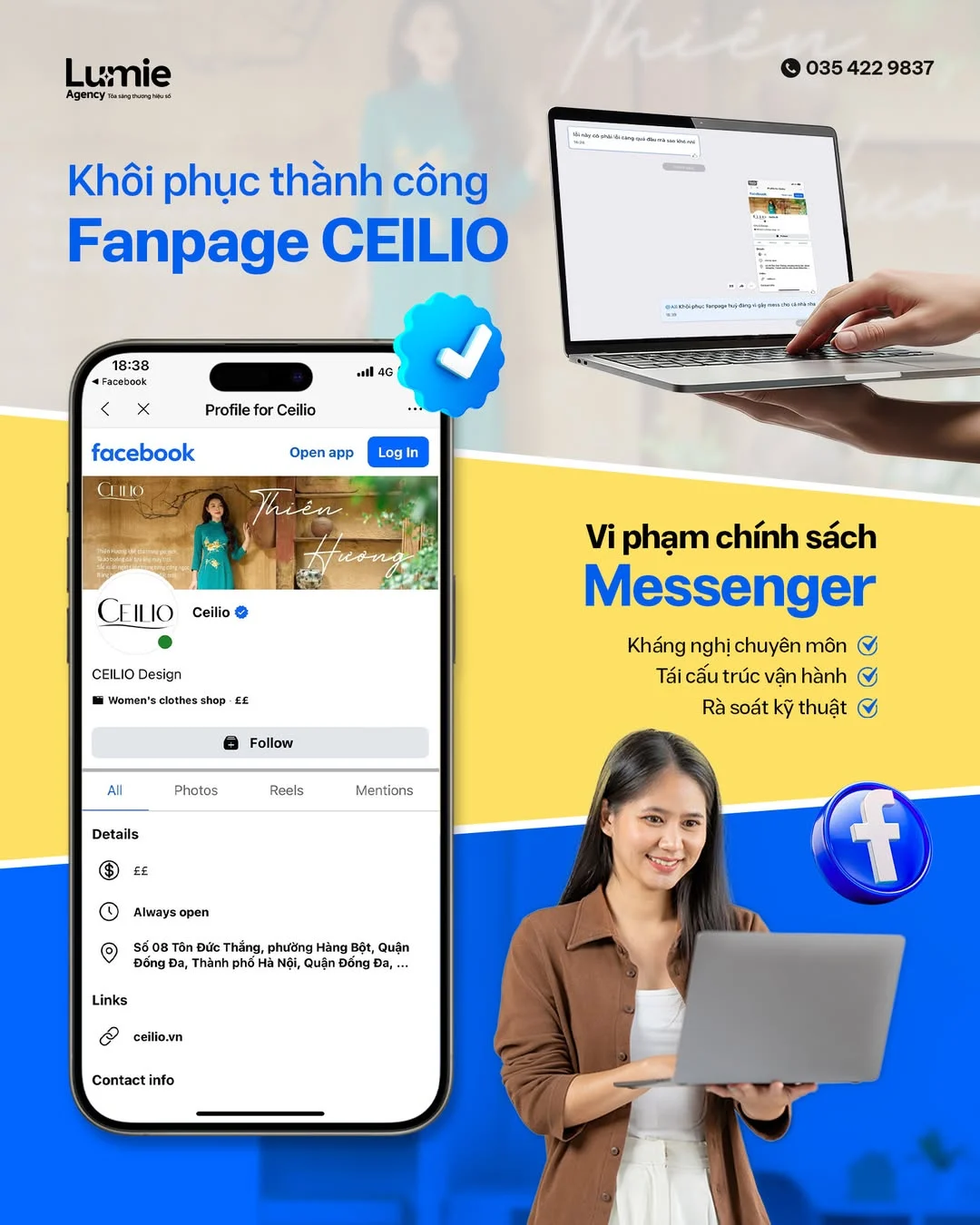 Case Lumie khôi phục Fanpage Ceilio vi phạm chính sách Messenger