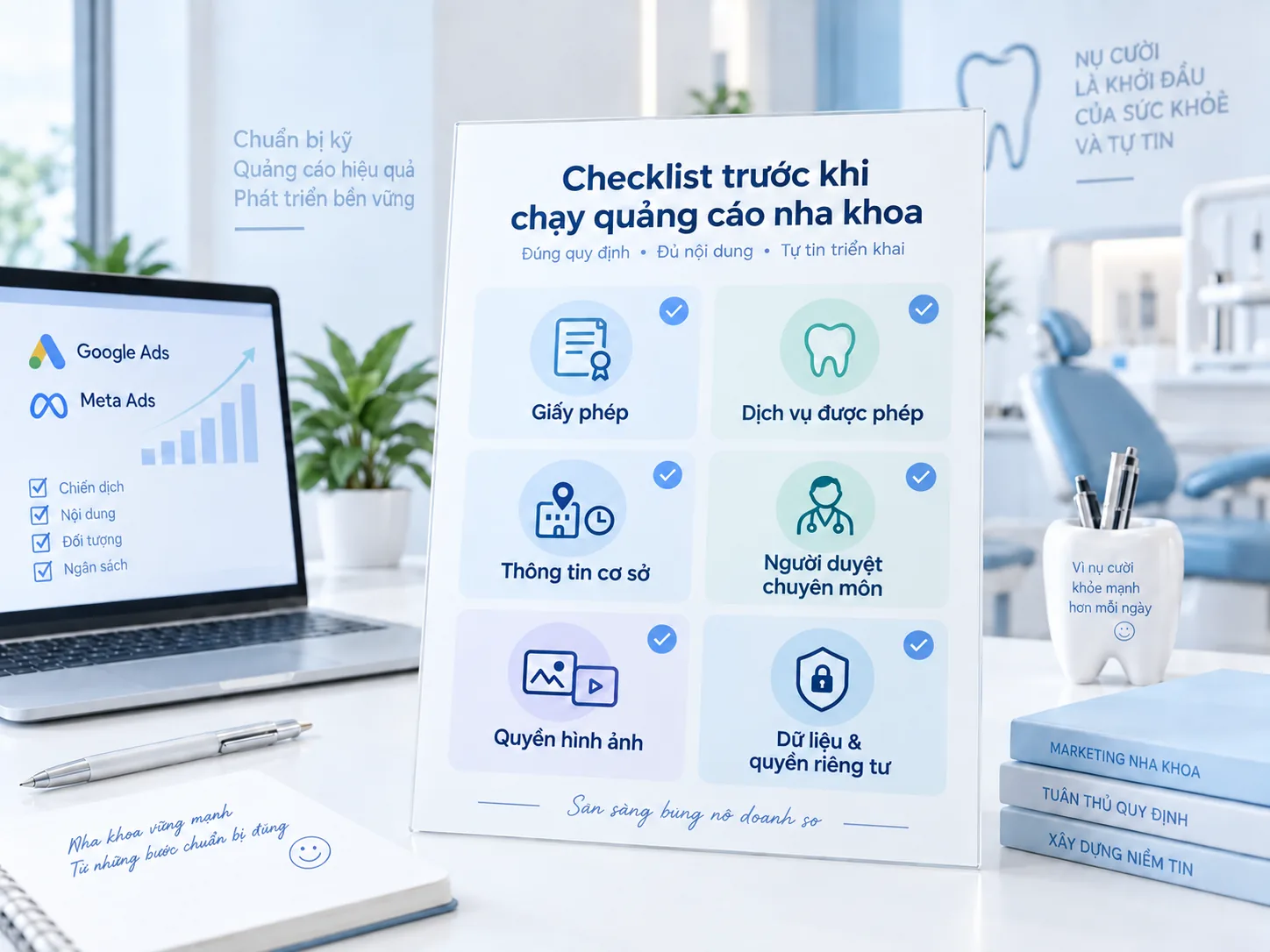 Checklist giấy phép, dịch vụ, thông tin cơ sở, người duyệt, quyền hình ảnh và dữ liệu trước khi quảng cáo nha khoa
