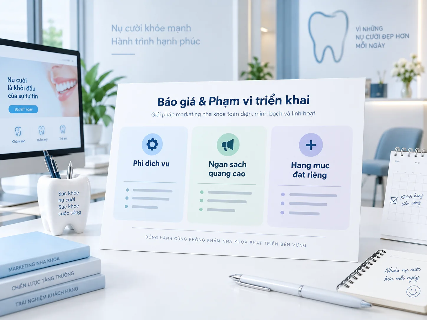Minh họa ba phần của báo giá marketing nha khoa gồm phí dịch vụ, ngân sách quảng cáo và hạng mục đặt riêng