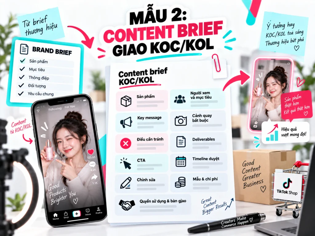 Mẫu content brief giao KOC/KOL gồm sản phẩm, người xem, thông điệp, cảnh quay, bàn giao và lịch duyệt