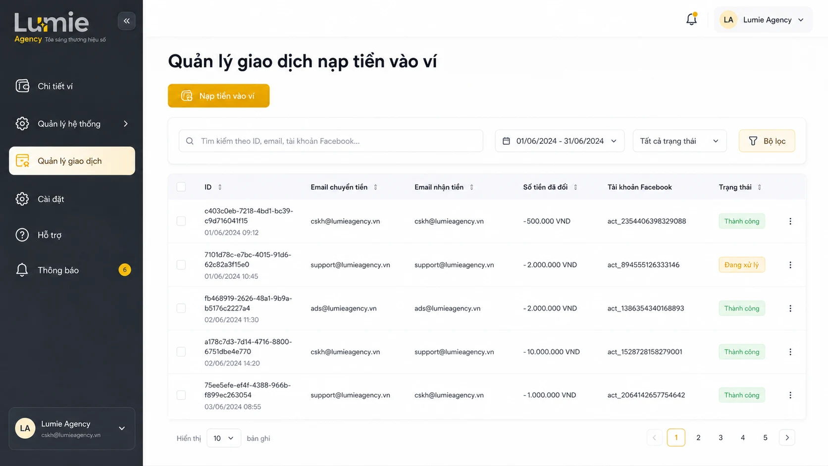 Giao diện quản lý giao dịch nạp tiền và lịch sử phân bổ ngân sách trong Ví Digital Ads Lumie