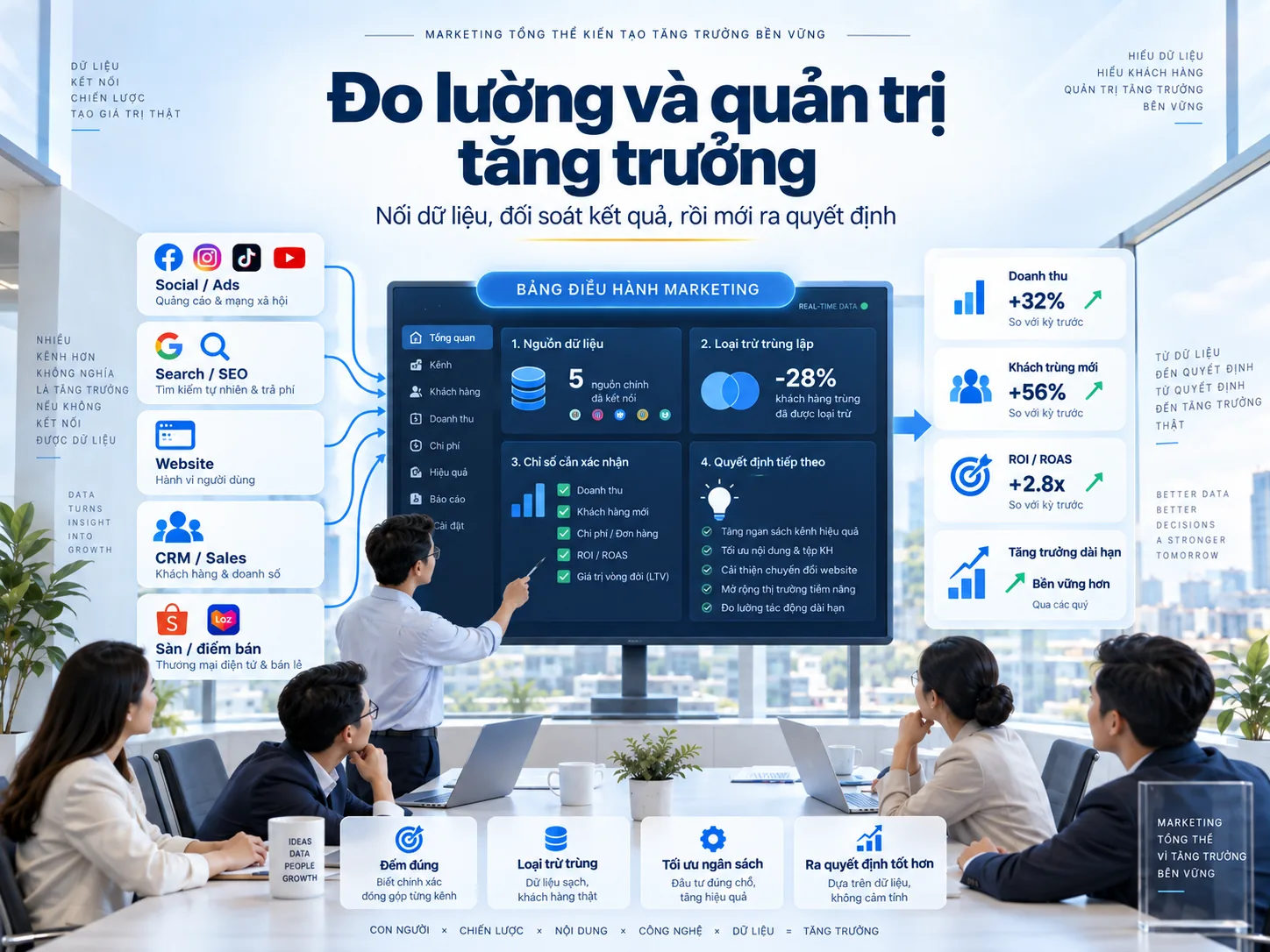 Đo lường và quản trị tăng trưởng bằng dữ liệu đa kênh, loại trừ trùng lặp và ra quyết định