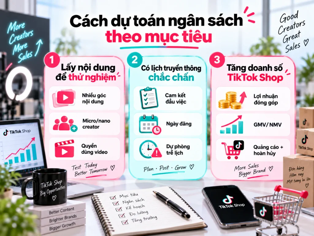 Cách dự toán ngân sách Booking KOC theo ba mục tiêu: lấy nội dung thử nghiệm, có lịch truyền thông chắc chắn và tăng doanh số
