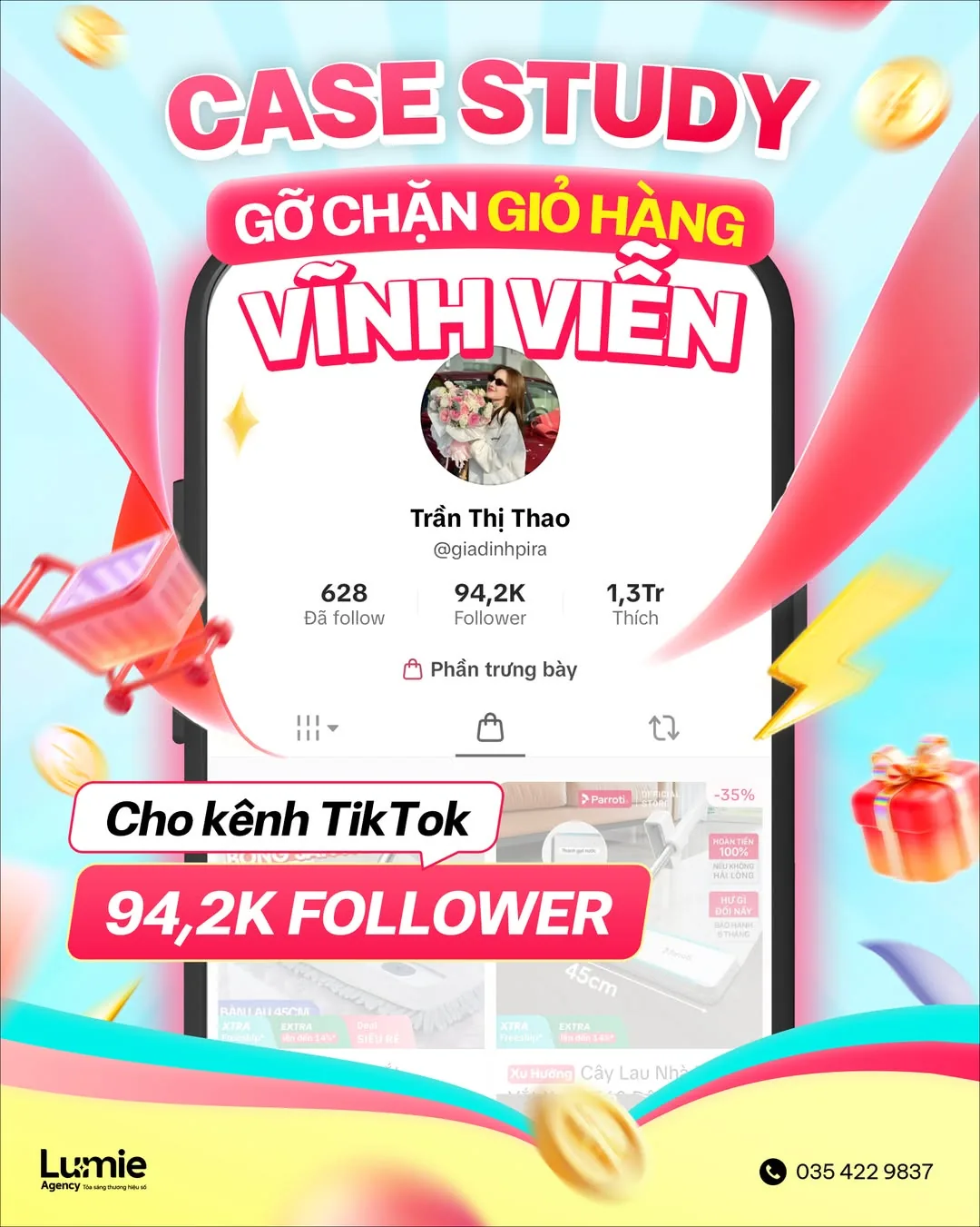 Case Lumie khôi phục giỏ hàng TikTok @giadinhpira khoảng 94,2K người theo dõi