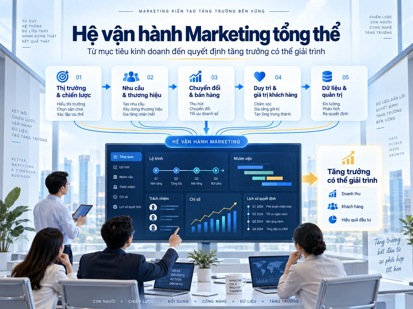 Hệ vận hành Marketing tổng thể từ chiến lược, nhu cầu, chuyển đổi, giữ chân đến dữ liệu quản trị