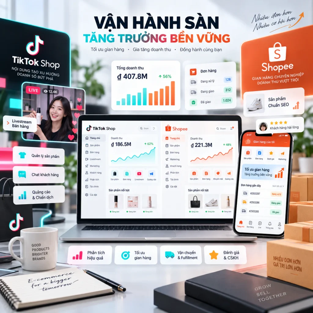 Mô hình vận hành TikTok Shop và Shopee với dữ liệu doanh thu, đơn hàng, sản phẩm, quảng cáo và chăm sóc khách hàng