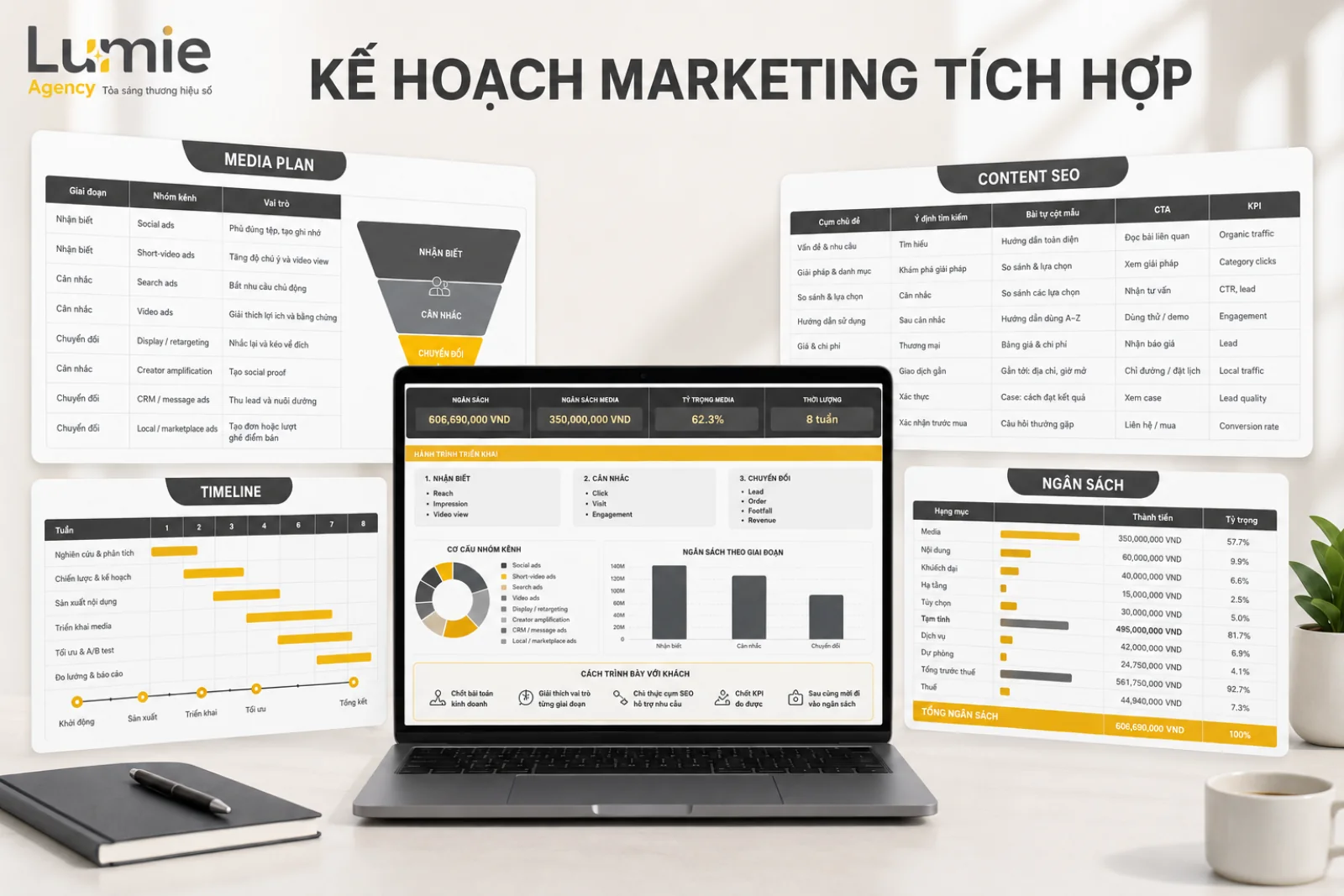 Mô hình kế hoạch Marketing tích hợp gồm Media Plan, nội dung SEO, tiến độ, ngân sách và dashboard đo lường
