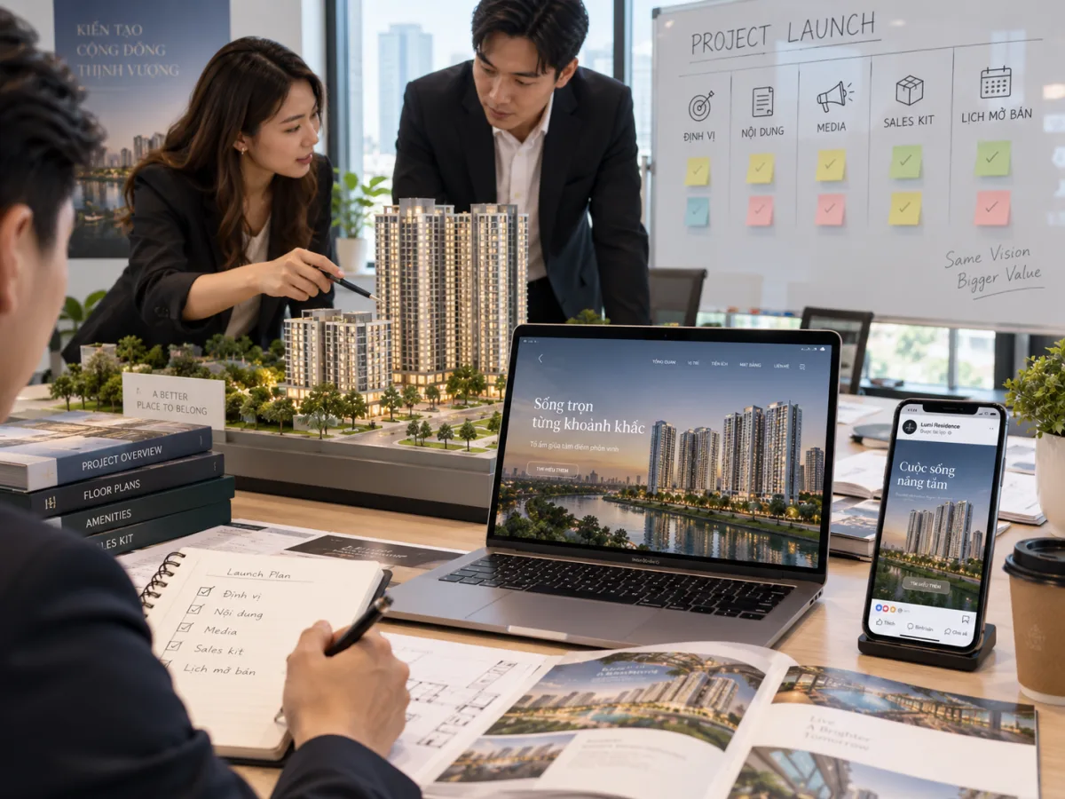 Đội ngũ lập kế hoạch ra mắt dự án bất động sản với mô hình, website và lịch triển khai.