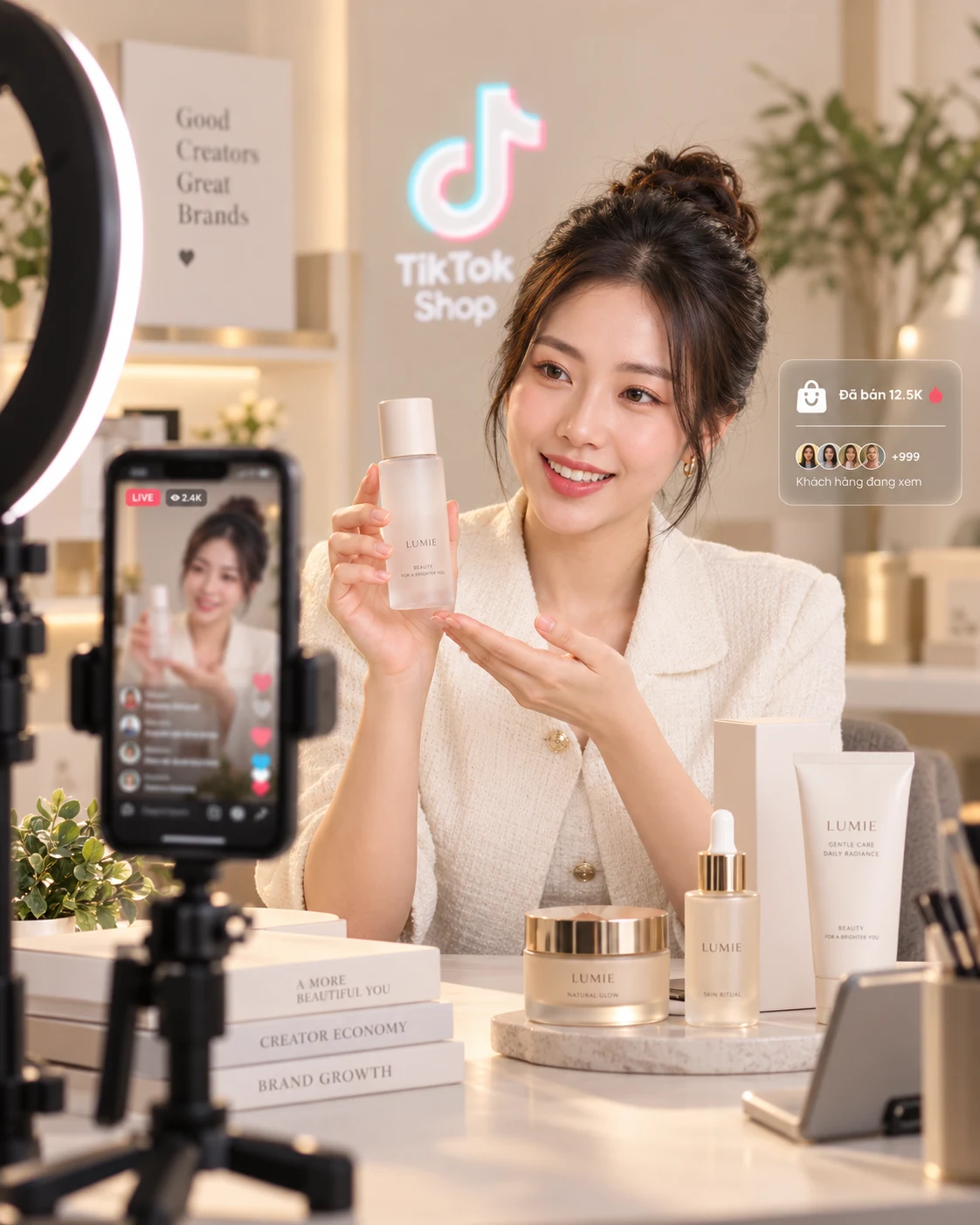 Creator livestream giới thiệu sản phẩm mỹ phẩm trên TikTok Shop