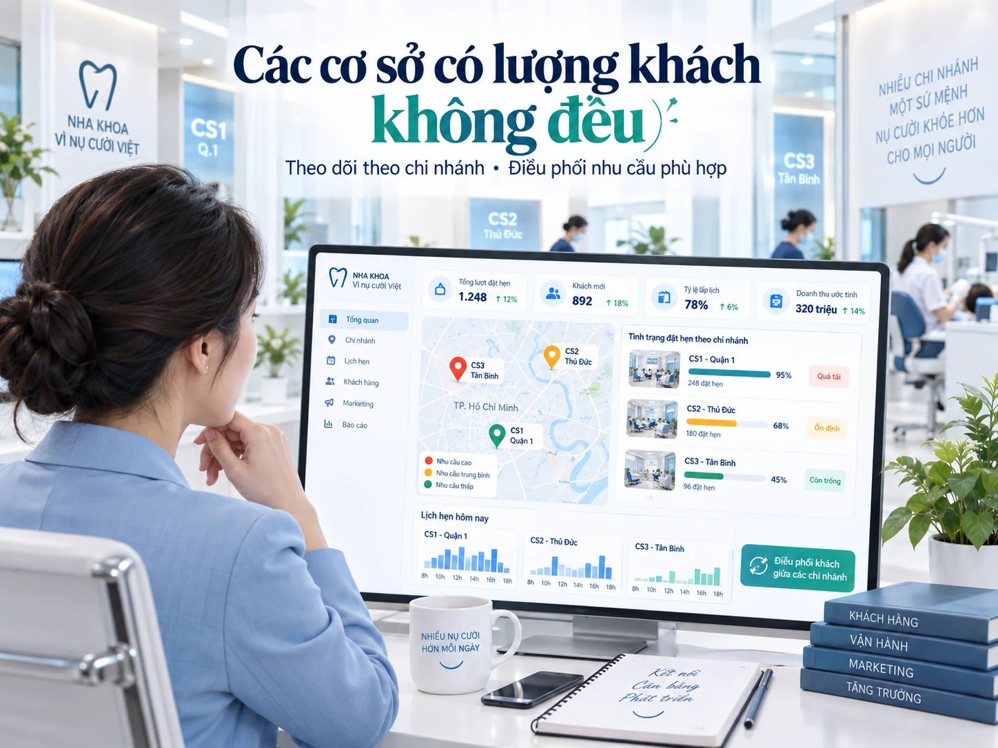 Minh họa dashboard theo dõi lịch hẹn và nhu cầu giữa các chi nhánh nha khoa.