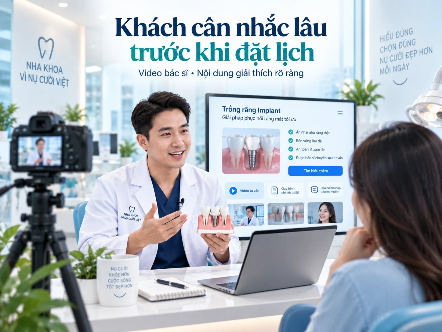 Minh họa bác sĩ giải thích dịch vụ nha khoa bằng video và nội dung chi tiết cho người đang cân nhắc.