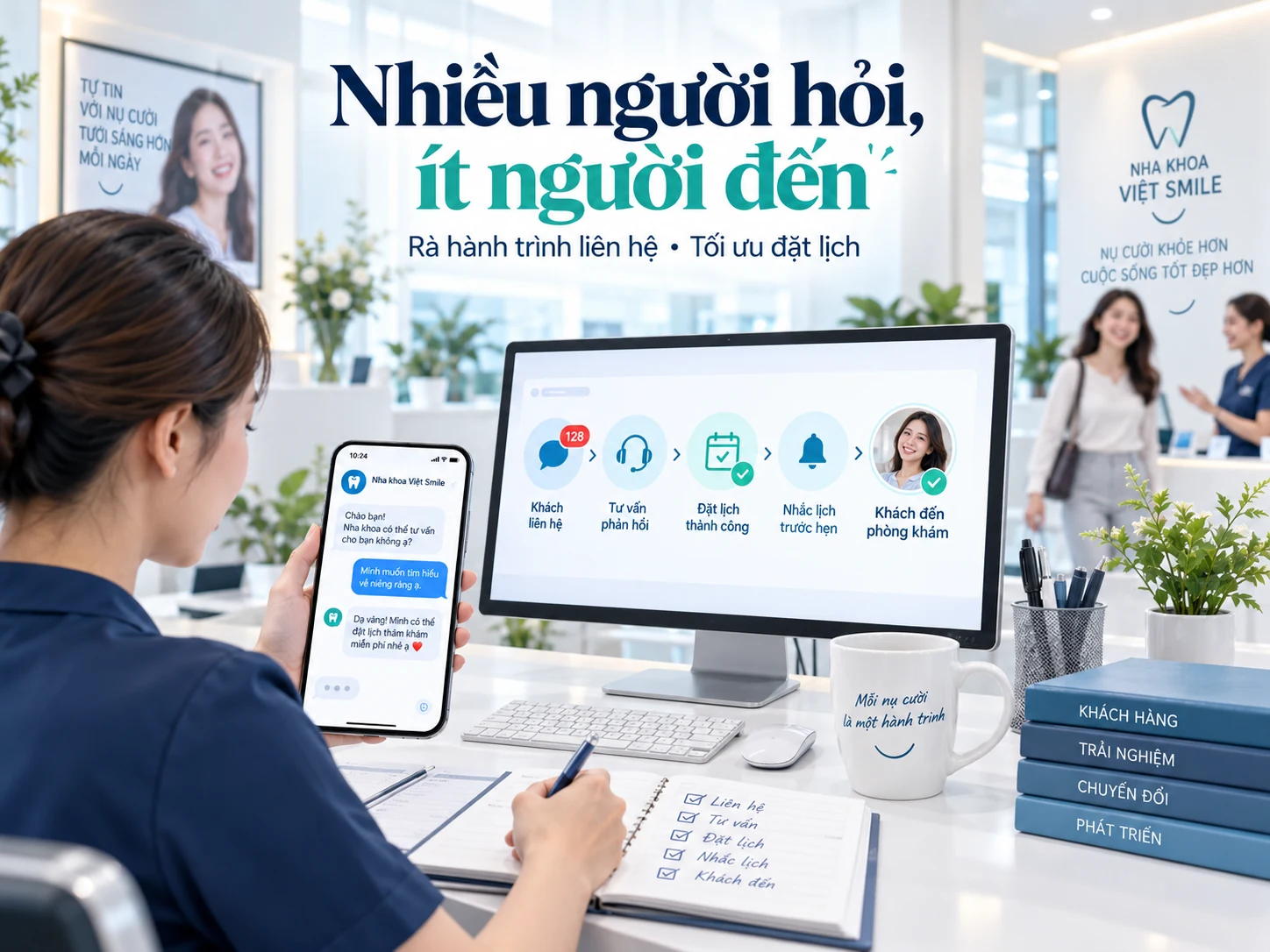 Minh họa hành trình khách liên hệ, được tư vấn, xác nhận lịch, nhắc hẹn và đến phòng khám nha khoa.