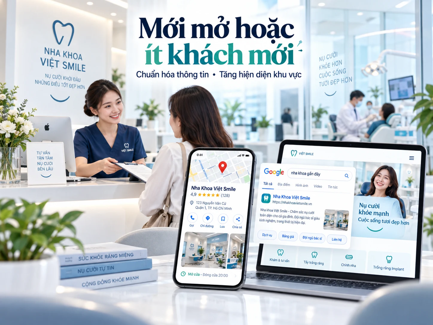 Minh họa phòng khám nha khoa mới mở cần chuẩn hóa thông tin và tăng hiện diện khu vực.