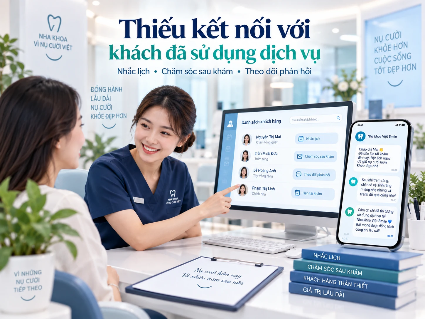 Minh họa quy trình nhắc lịch, chăm sóc sau khám và theo dõi phản hồi tại phòng khám nha khoa.