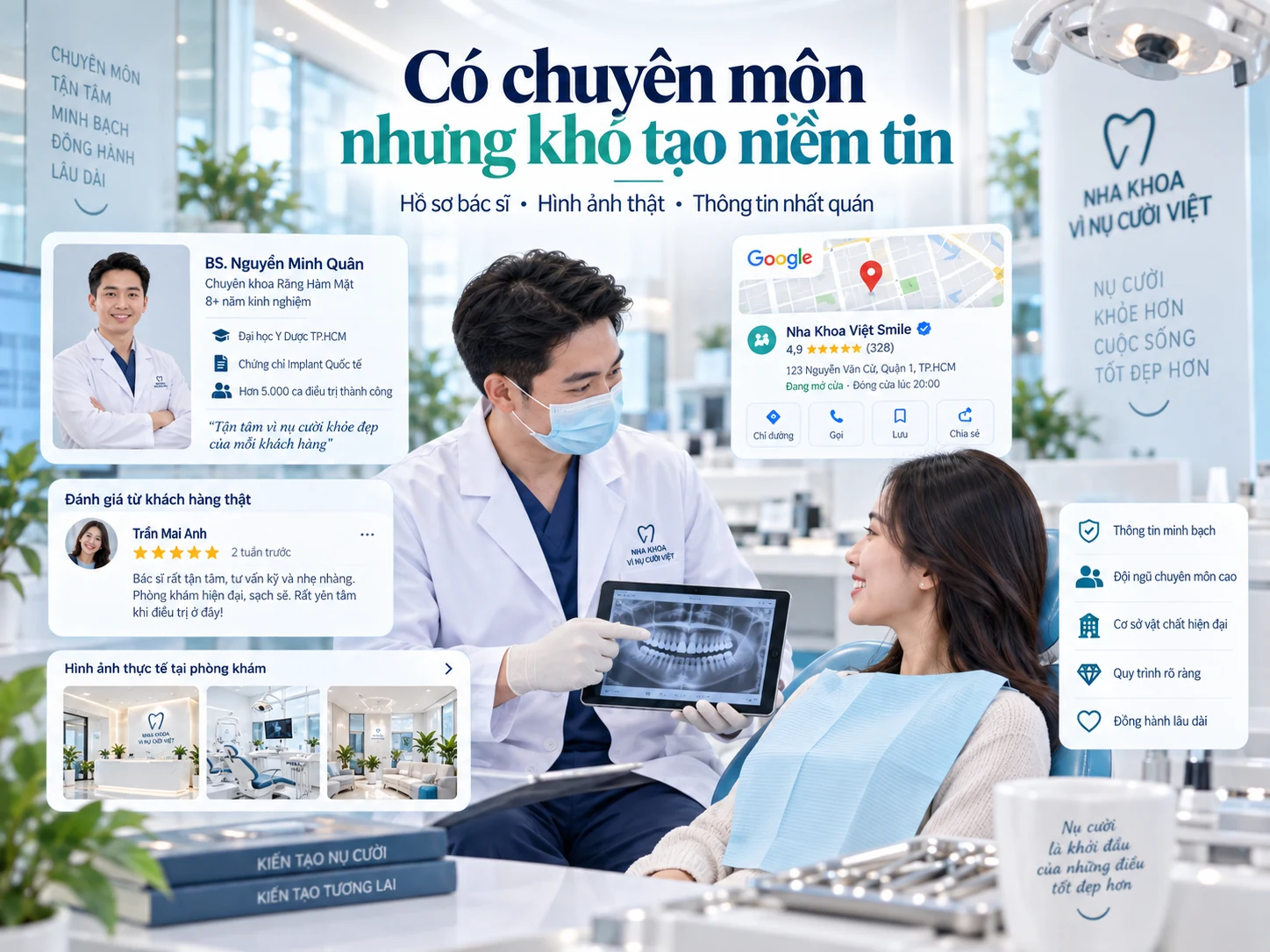Minh họa hồ sơ bác sĩ, thông tin phòng khám và nội dung cần kiểm chứng để tạo niềm tin.