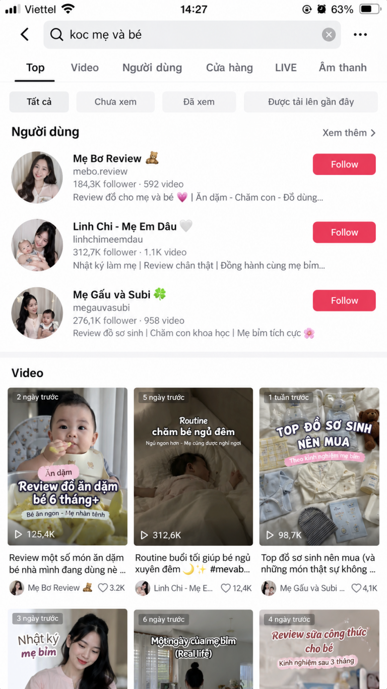 Minh họa kết quả tìm kiếm KOC mẹ và bé trên giao diện TikTok