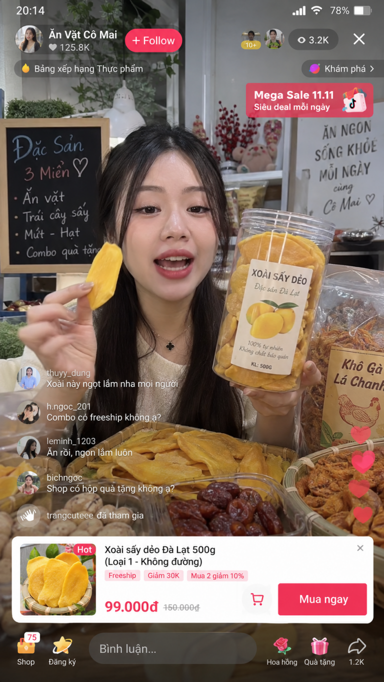 Minh họa phiên livestream giới thiệu sản phẩm thực phẩm