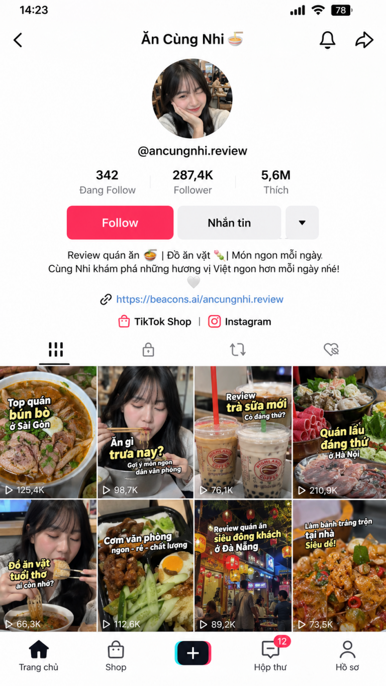 Minh họa hồ sơ và thư viện nội dung của KOC ẩm thực