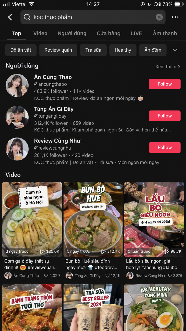 Minh họa kết quả tìm kiếm KOC thực phẩm trên giao diện TikTok