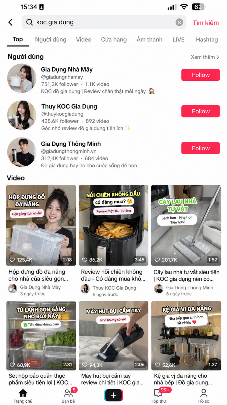 Minh họa kết quả tìm kiếm KOC gia dụng trên giao diện TikTok