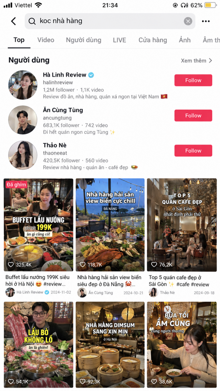 Minh họa kết quả tìm kiếm KOC nhà hàng trên giao diện TikTok