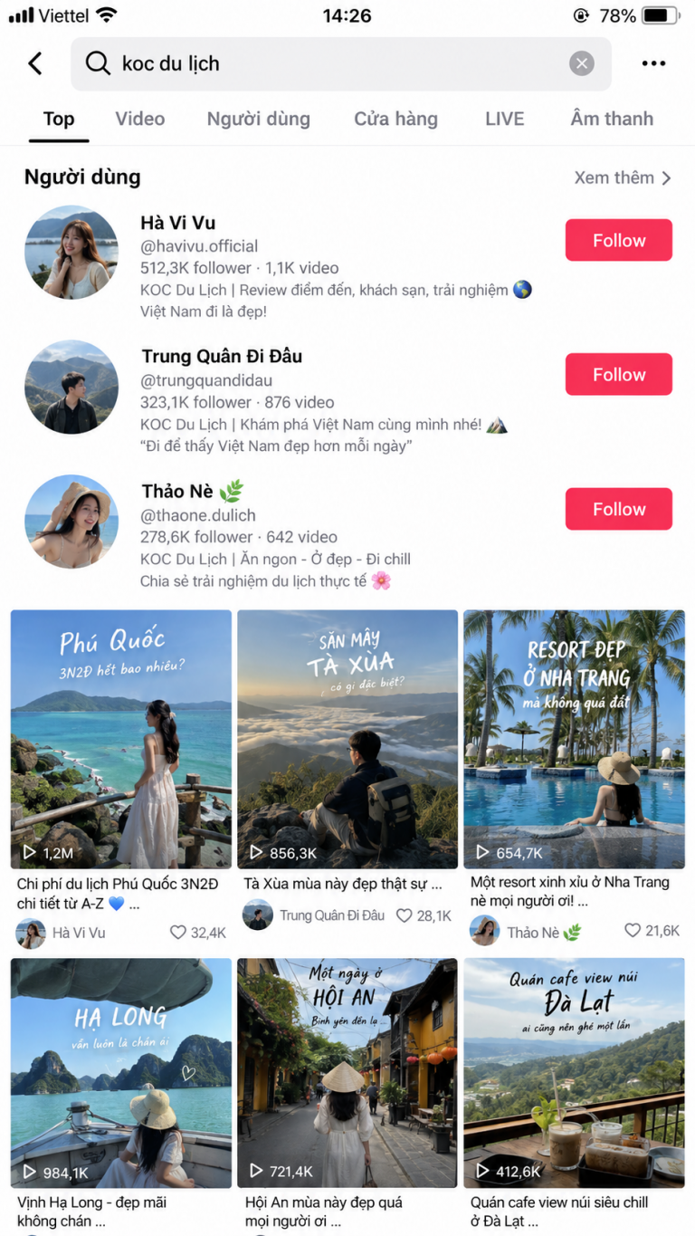 Minh họa kết quả tìm kiếm KOC du lịch trên giao diện TikTok