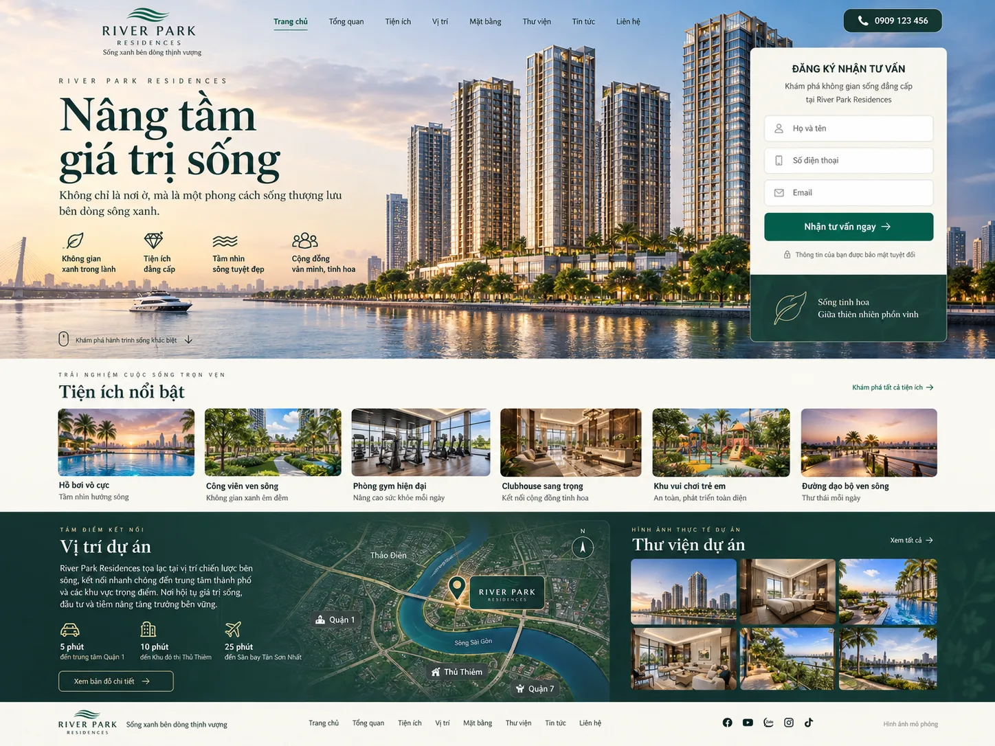 Mô phỏng landing page bất động sản có nội dung dự án, tiện ích, vị trí và biểu mẫu tư vấn.