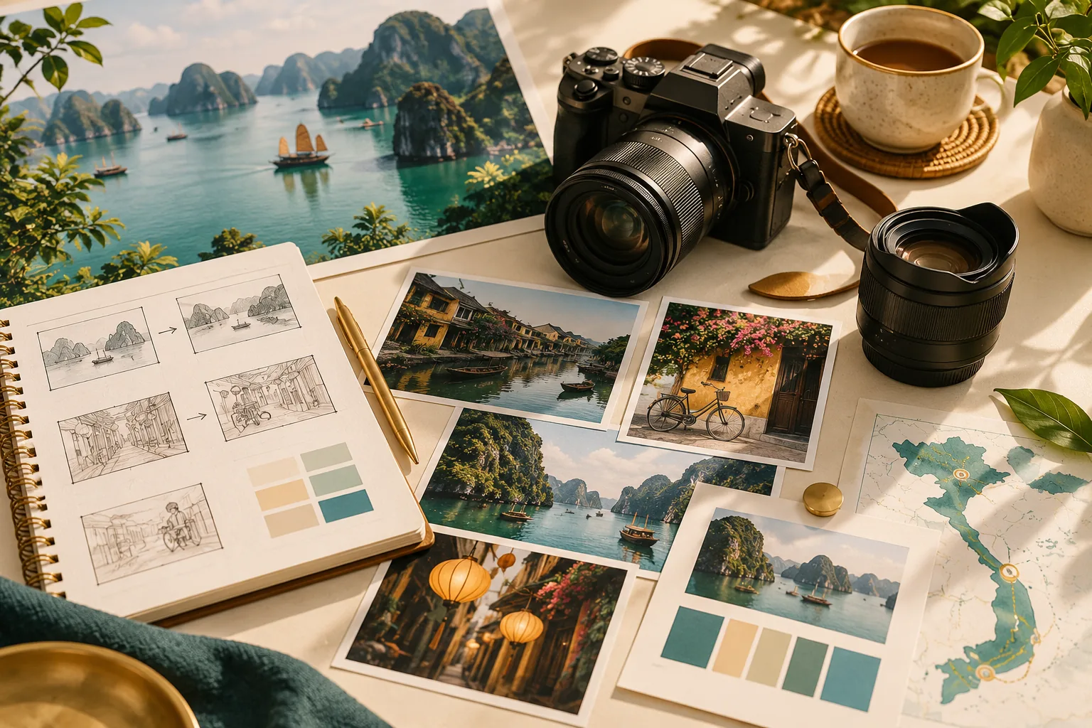 Máy ảnh và bản kế hoạch sản xuất nội dung trải nghiệm du lịch tại điểm đến minh họa