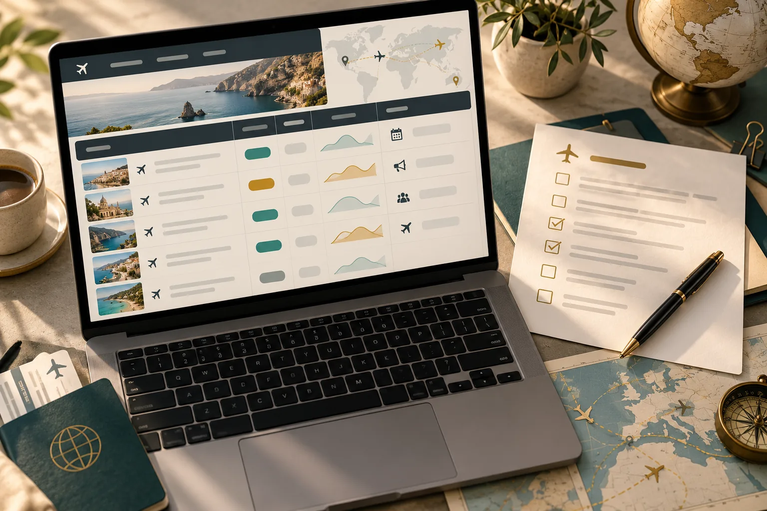 Bàn đối soát dữ liệu lịch khởi hành, booking và quyết định marketing du lịch minh họa