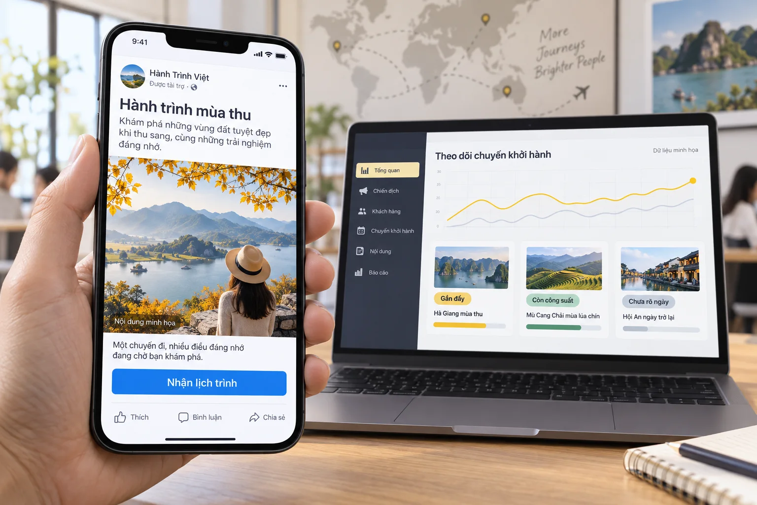 Giao diện tour và trạng thái booking minh họa trên máy tính và điện thoại
