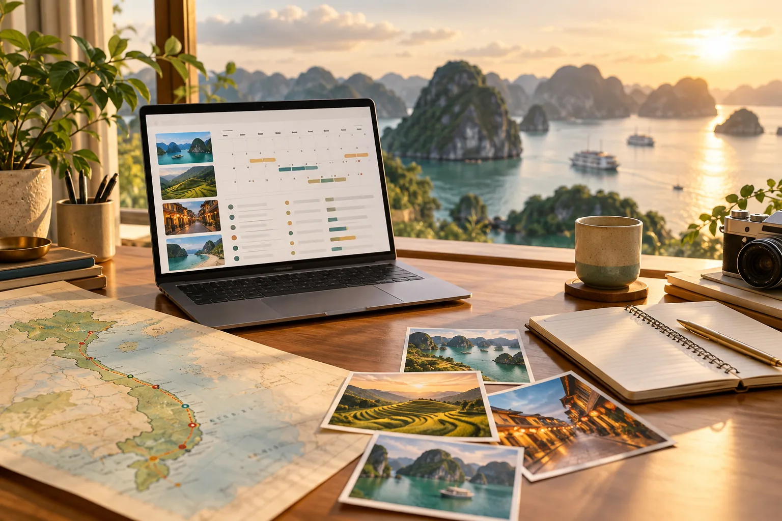 Bàn lập kế hoạch marketing du lịch với lịch khởi hành, tuyến điểm và trạng thái đặt chỗ minh họa