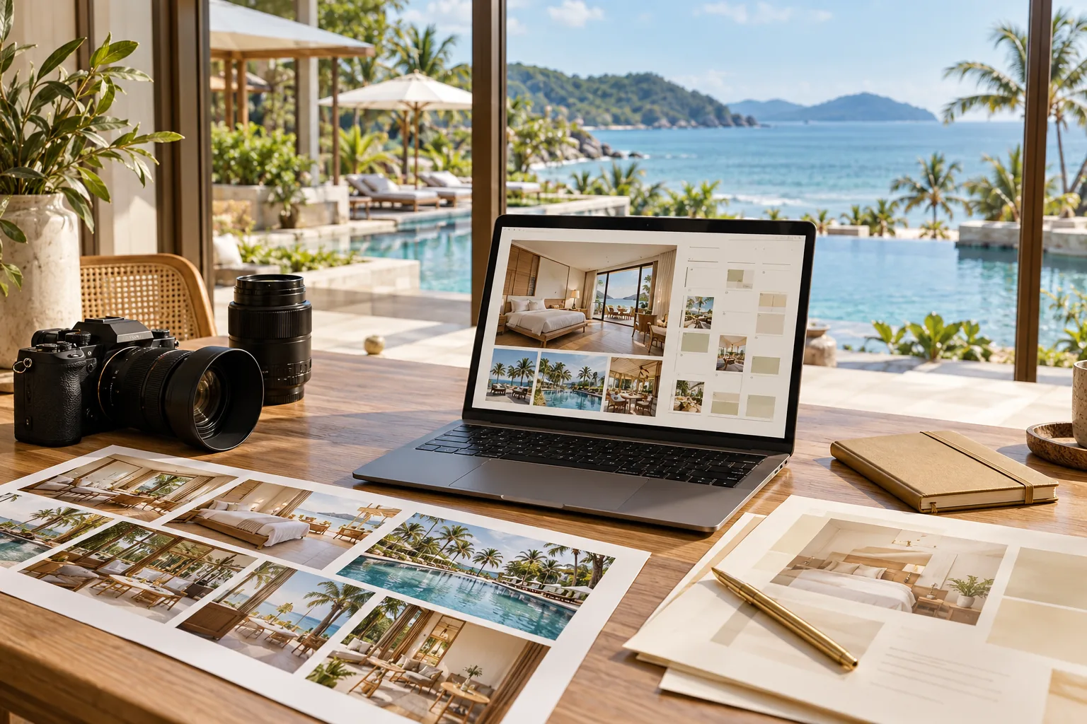 Minh họa chuẩn bị tư liệu hình ảnh và kế hoạch marketing khách sạn