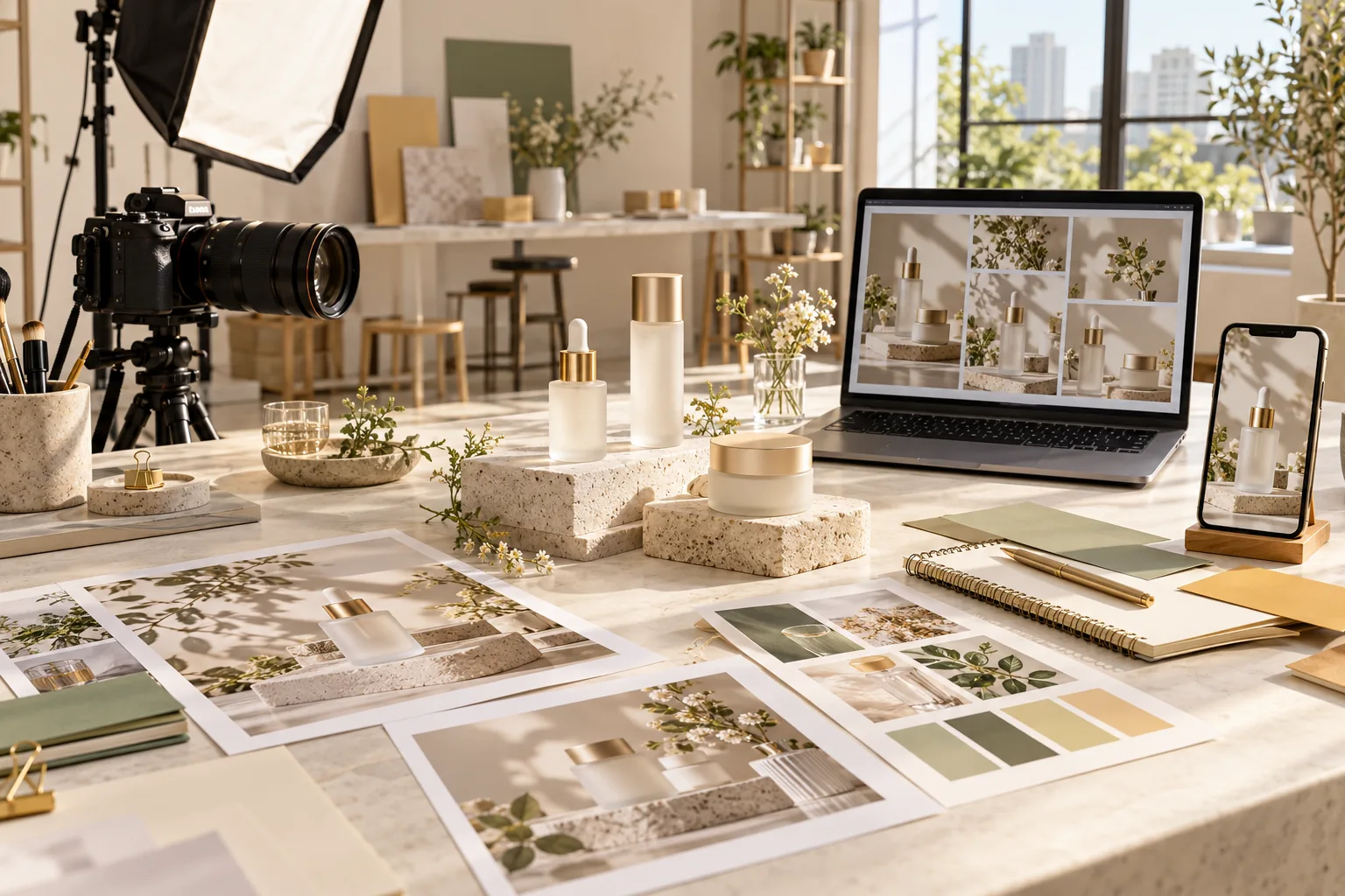 Minh họa studio chuẩn bị ảnh sản phẩm và tư liệu chiến dịch marketing mỹ phẩm
