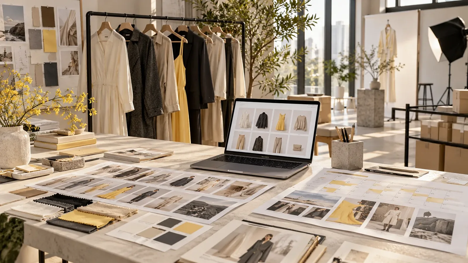 Bàn lên kế hoạch marketing thời trang với mẫu vải, lookbook, lịch nội dung và danh mục bán hàng trực tuyến minh họa